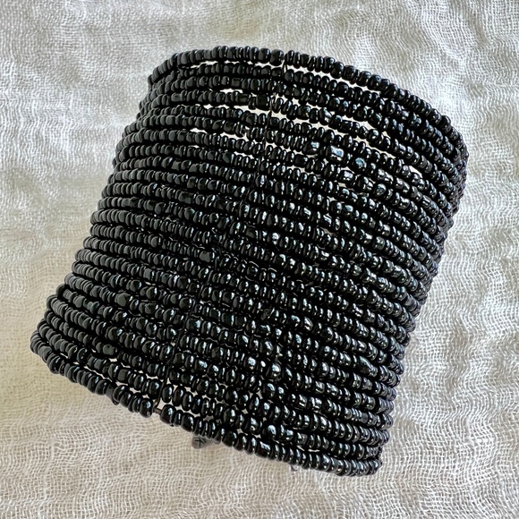 Vintage Manouk Jet Black Beaded Cuff Bracelet | 2¼″ Wide Stretch Cuff - Picture 1 of 7